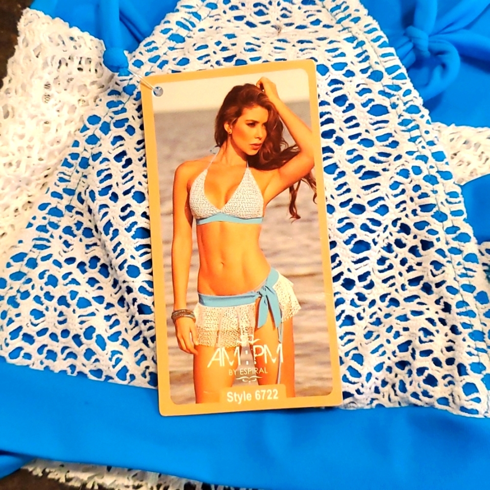 Three Piece Swimsuit Set - triangle top, thong bottom and wrap short mesh skirt